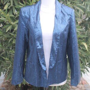 XXI Blue Sequined Blazer Woman Size Large Long Sleeve Collared Formal Lined